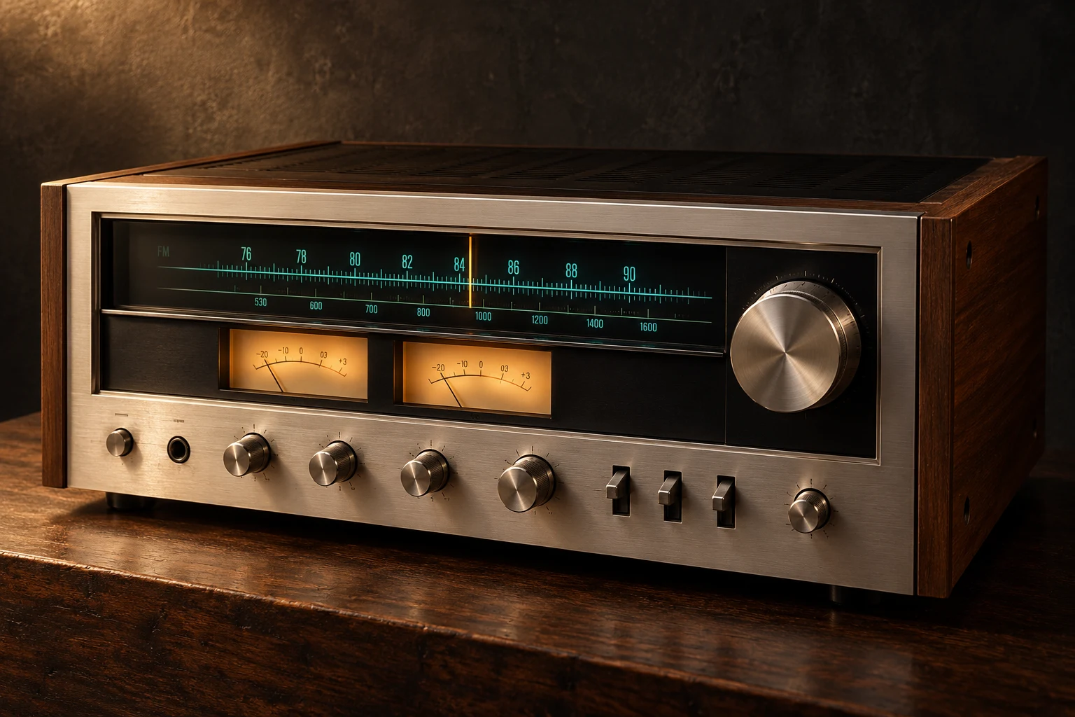 Illustrative vintage silver receiver with walnut sides and amber meters; actual equipment listings will arrive at launch.